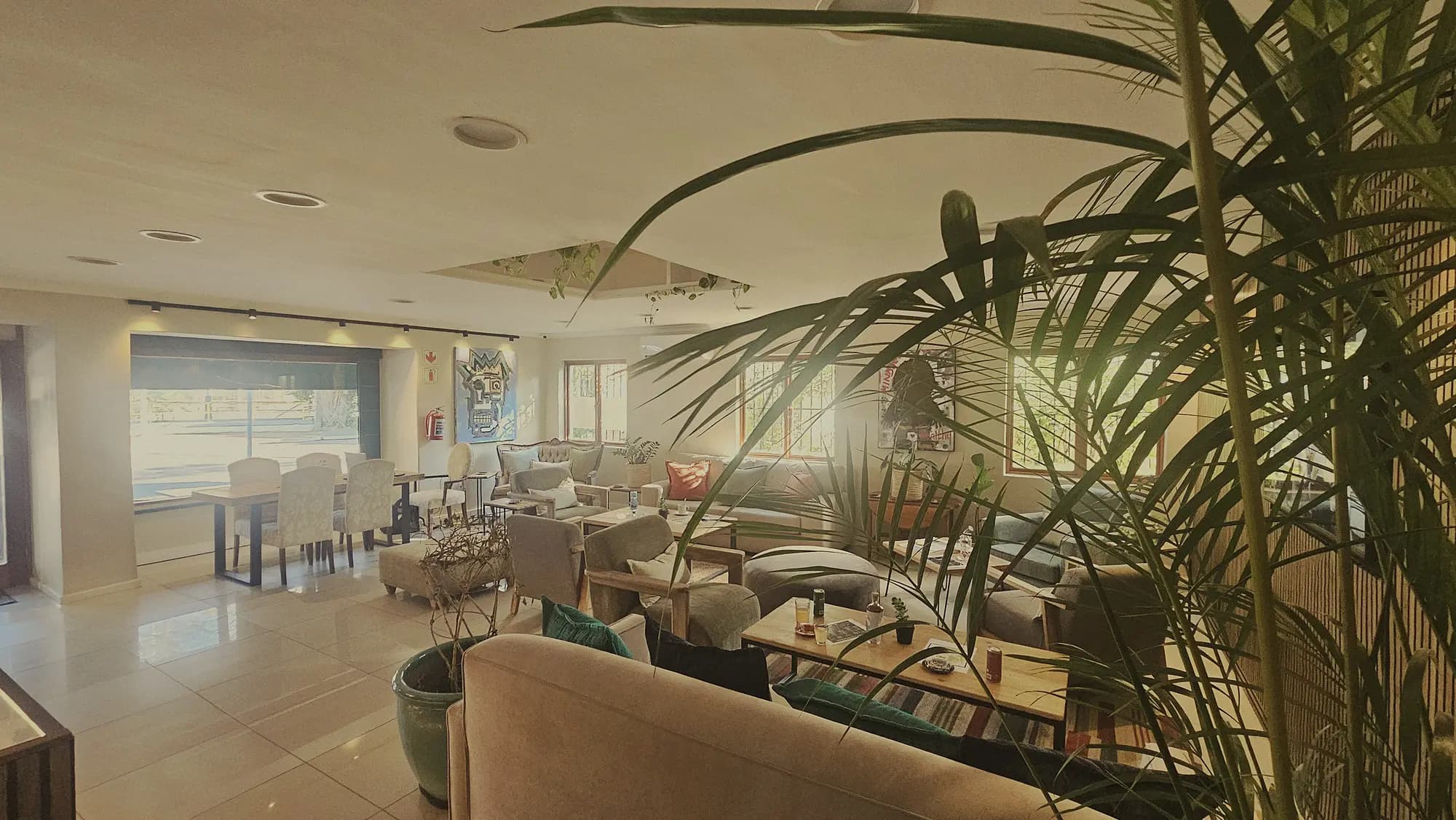 Inside the High Tea lounge, palms and greenery in the foreground