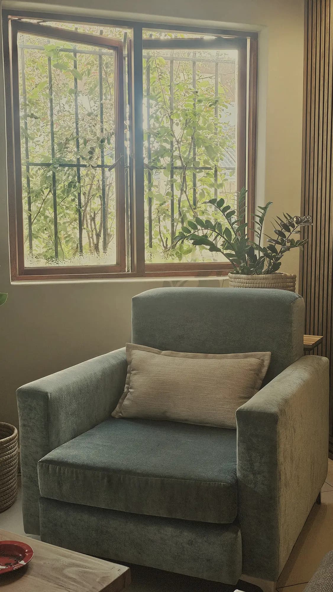 An armchair by the window looking onto the station trees